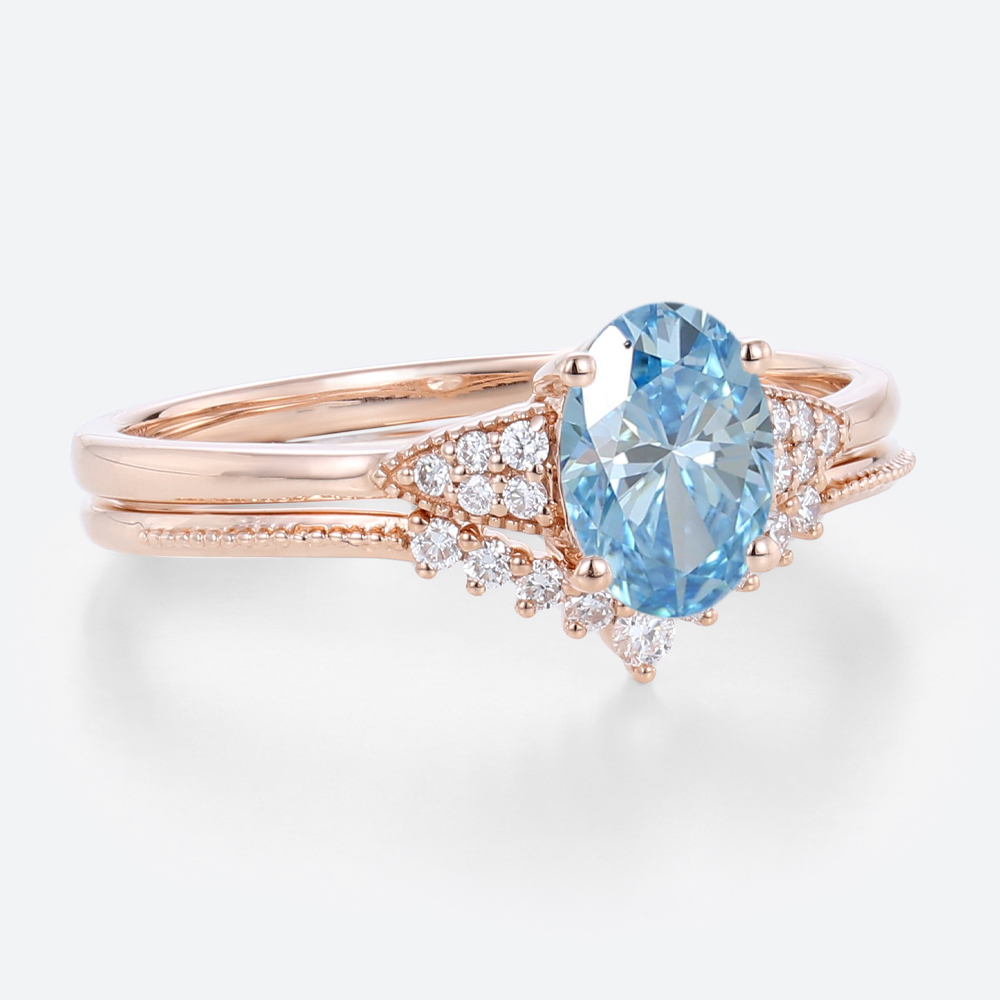 Lab Blue Diamond Engagement Rings​ Set 1.5ct Oval Vintage Ring in Rose Gold