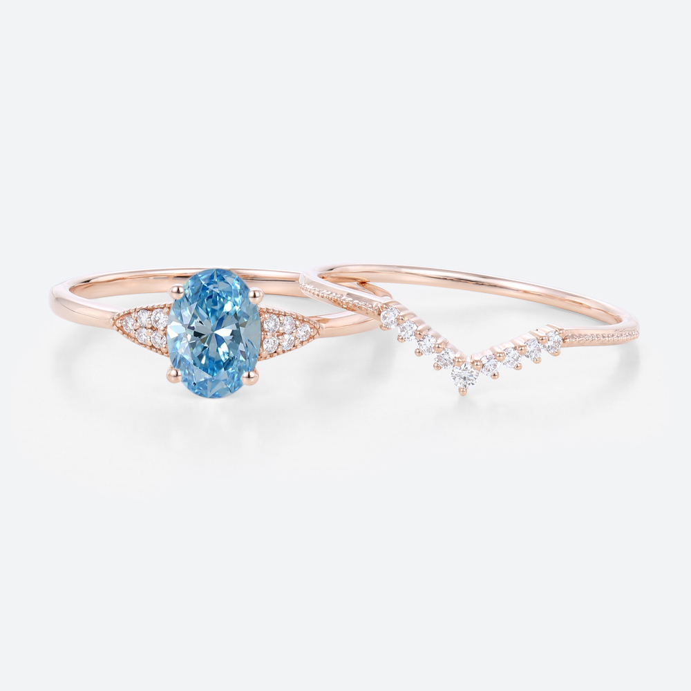 Lab Blue Diamond Engagement Rings​ Set 1.5ct Oval Vintage Ring in Rose Gold