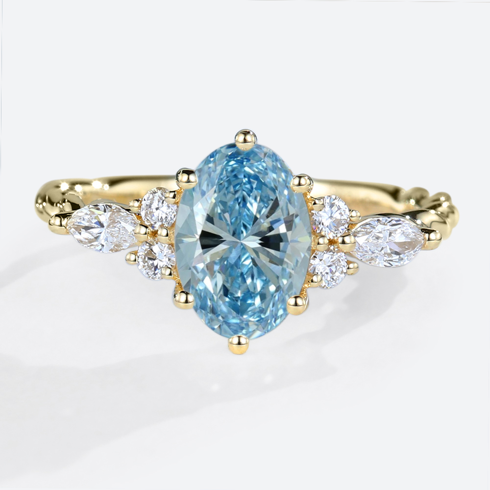 1.5ct Oval Lab Blue Diamond Ring​ Twisted 6-Prong Engagement Rings in Yellow Gold