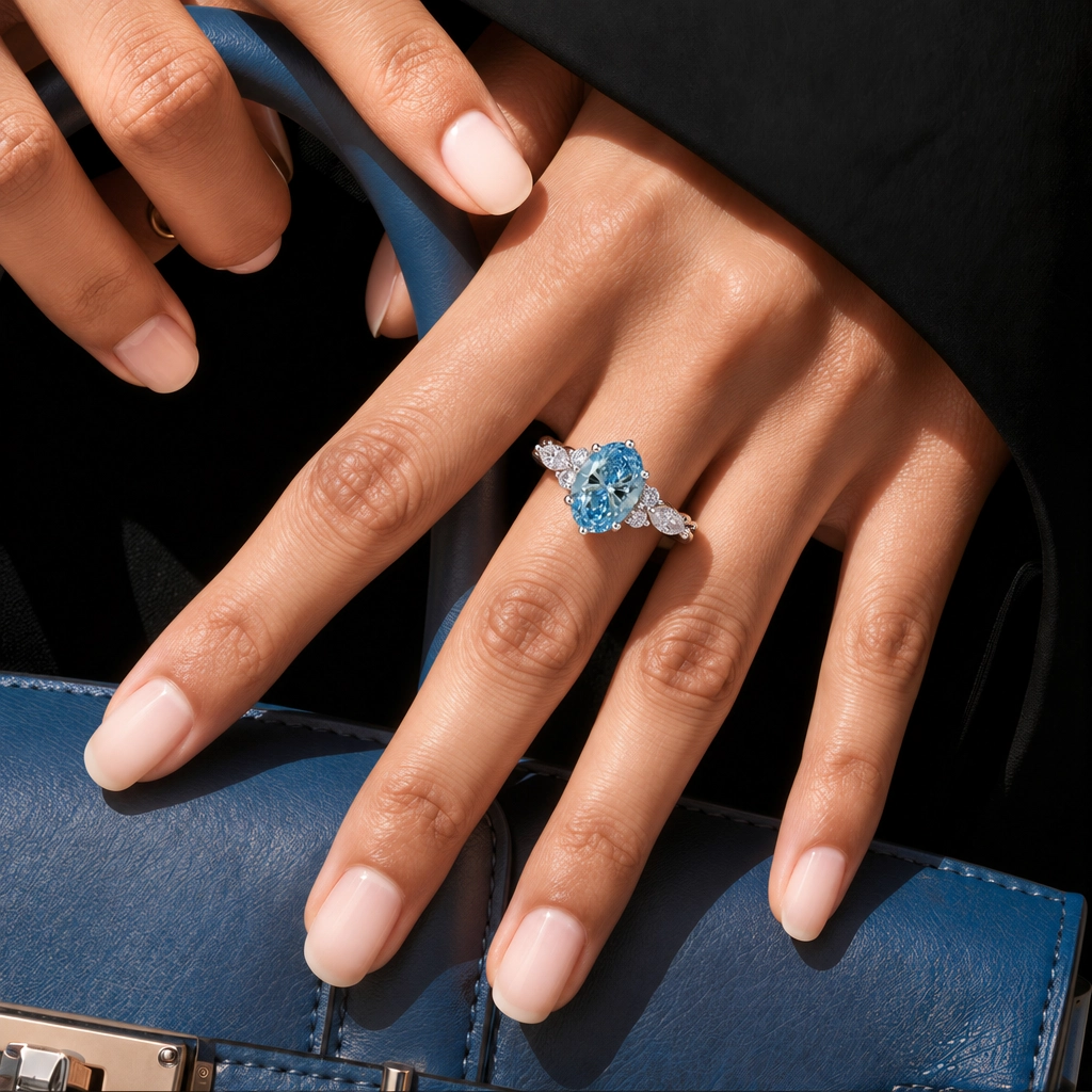 1.5ct Oval Cut Lab Grown Blue Diamond Twisted Marquise Accent Engagement Ring in Rose Gold