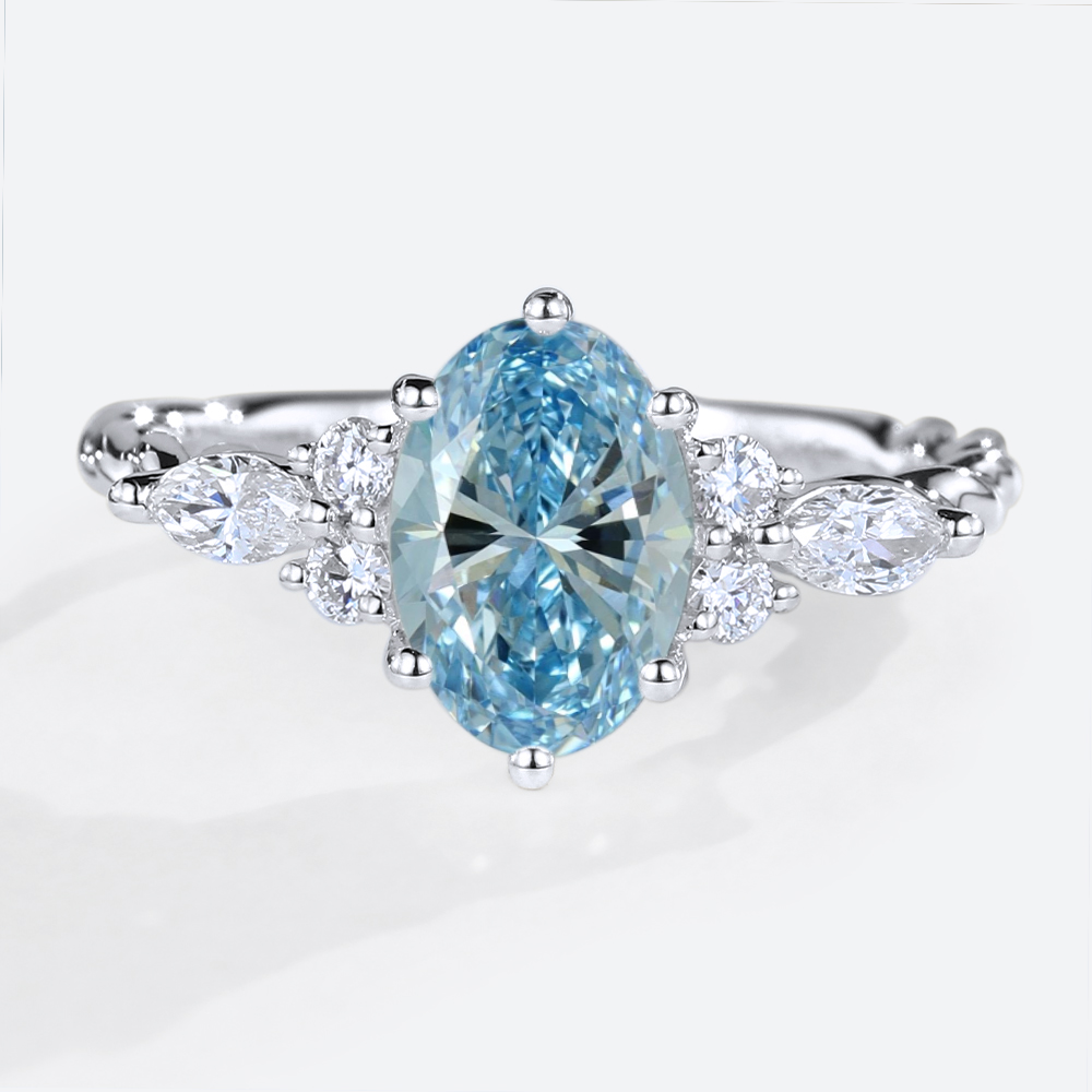 1.5ct Oval Lab Blue Diamond Ring​ Twisted 6-Prong Engagement Rings in White Gold