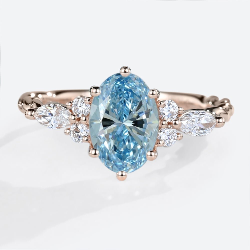 1.5ct Oval Lab Blue Diamond Ring​ Twisted 6-Prong Engagement Rings in Rose Gold