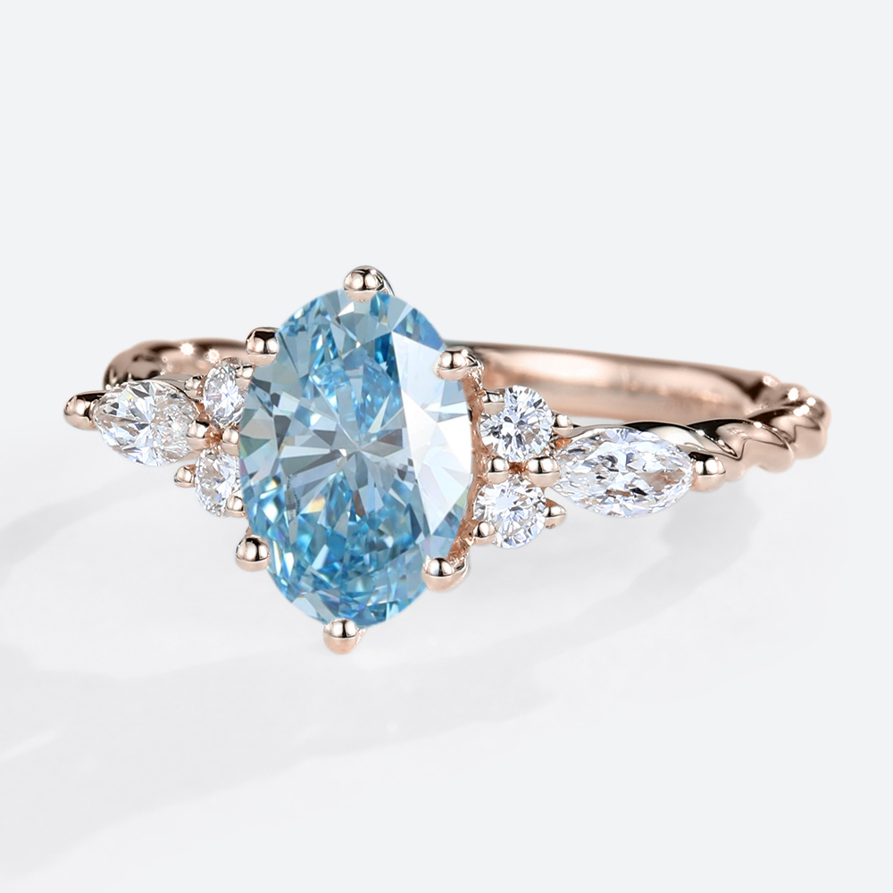 1.5ct Oval Lab Blue Diamond Ring​ Twisted 6-Prong Engagement Rings in Rose Gold