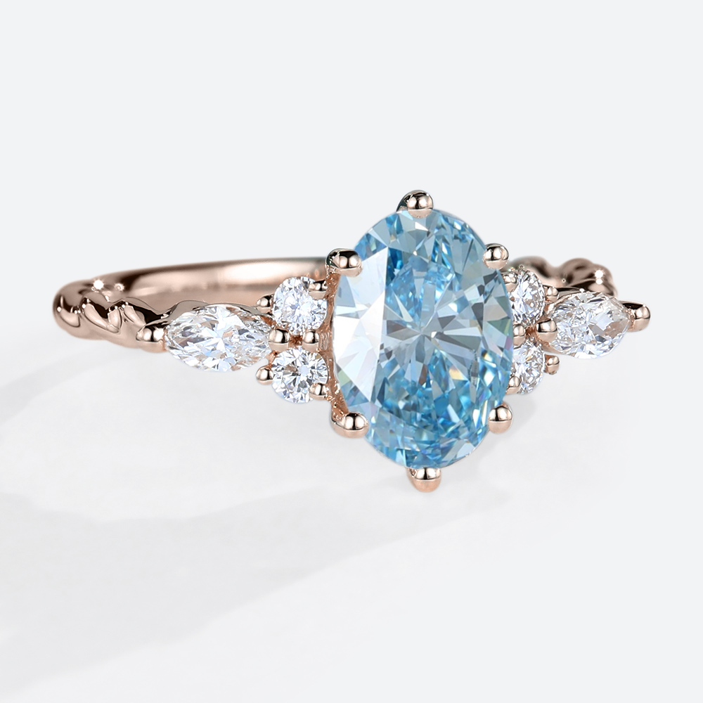 1.5ct Oval Lab Blue Diamond Ring​ Twisted 6-Prong Engagement Rings in Rose Gold