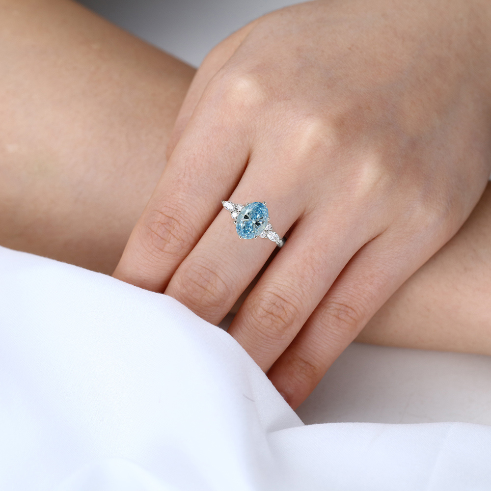 1.5ct Oval Lab Blue Diamond Ring​ Twisted 6-Prong Engagement Rings in Rose Gold