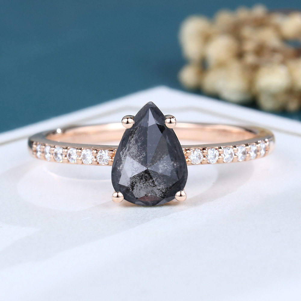 Pave Rose Gold Pear Shaped Salt And Pepper Diamond Engagement Ring