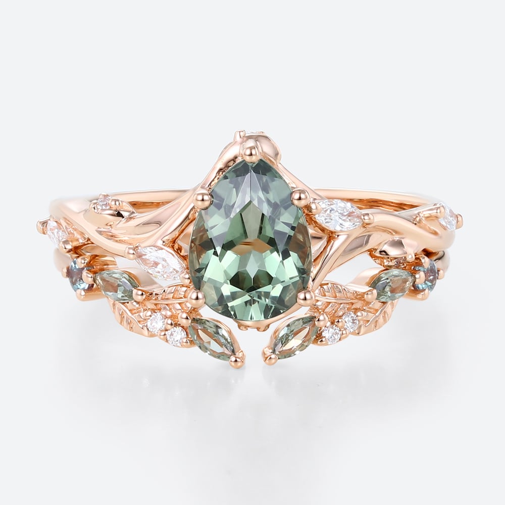 1.5ct Pear Cut Green Sapphire Ring Set Green Sapphire Engagement Ring with Matching Leaf & Vine Band in Rose Gold