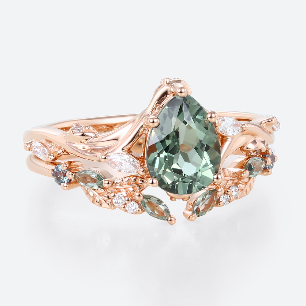 1.5ct Pear Cut Green Sapphire Ring Set Green Sapphire Engagement Ring with Matching Leaf & Vine Band in Rose Gold