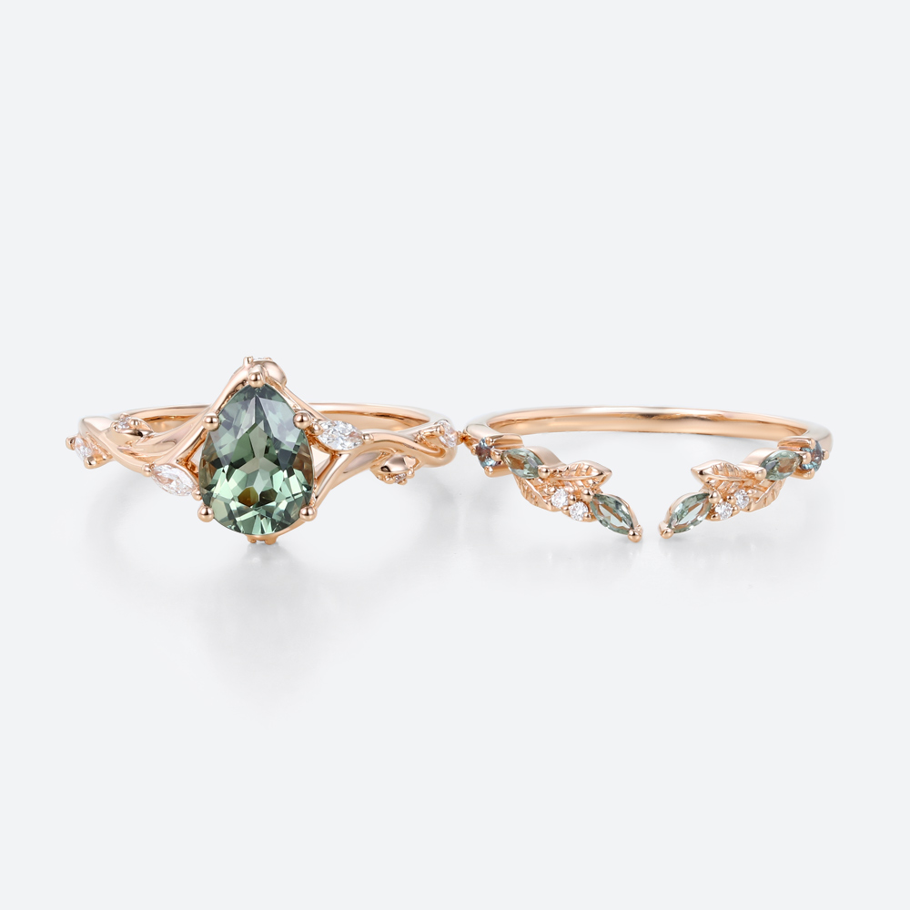 1.5ct Pear Cut Green Sapphire Ring Set Green Sapphire Engagement Ring with Matching Leaf & Vine Band in Rose Gold