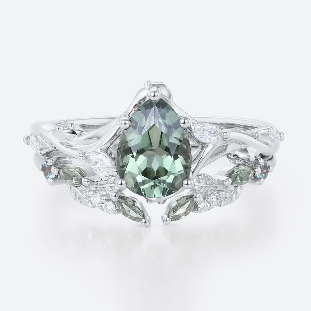 1.5ct Pear Cut Green Sapphire Ring Set Green Sapphire Engagement Ring with Matching Leaf & Vine Band in White Gold