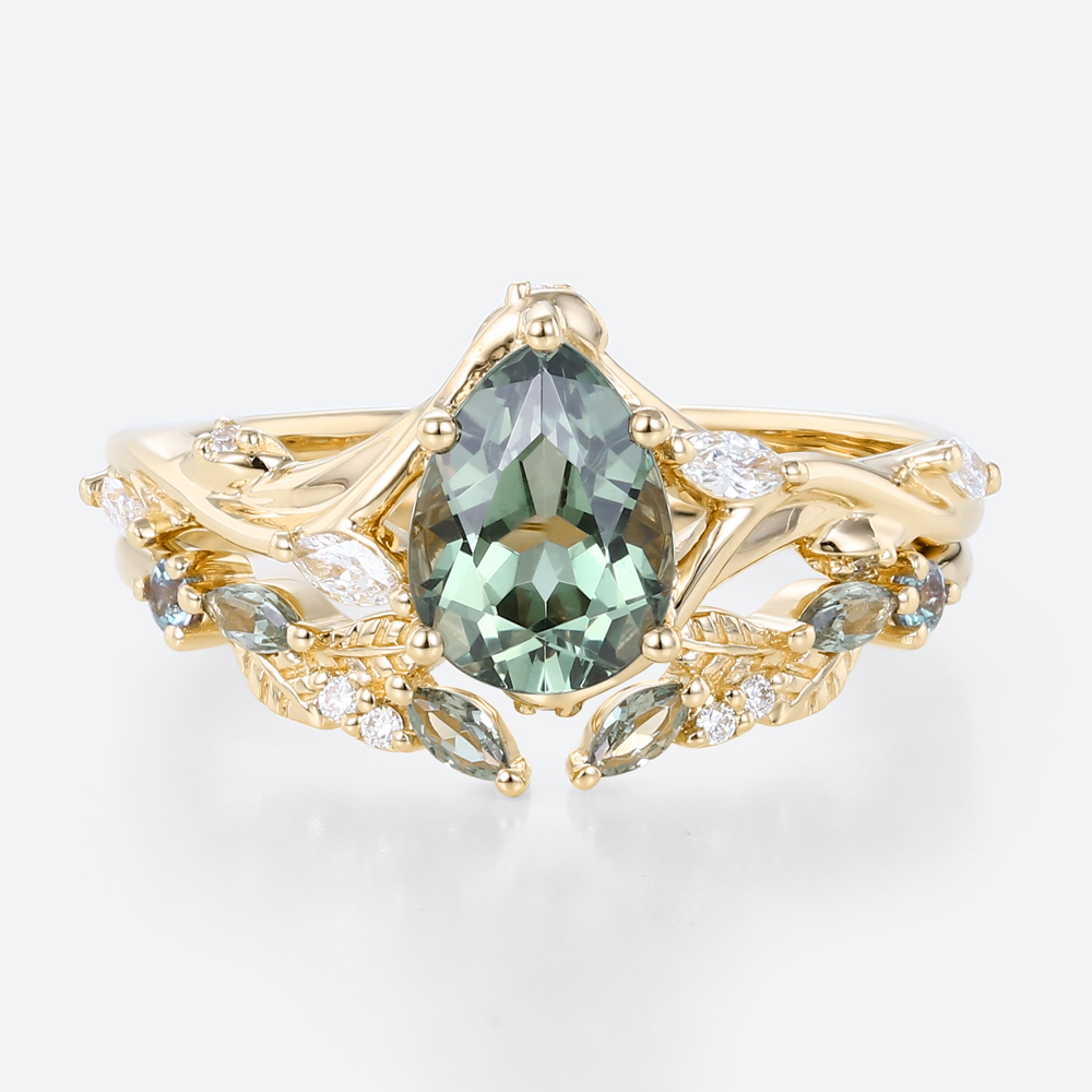 1.5ct Pear Cut Green Sapphire Ring Set Green Sapphire Engagement Ring with Matching Leaf & Vine Band in Yellow Gold