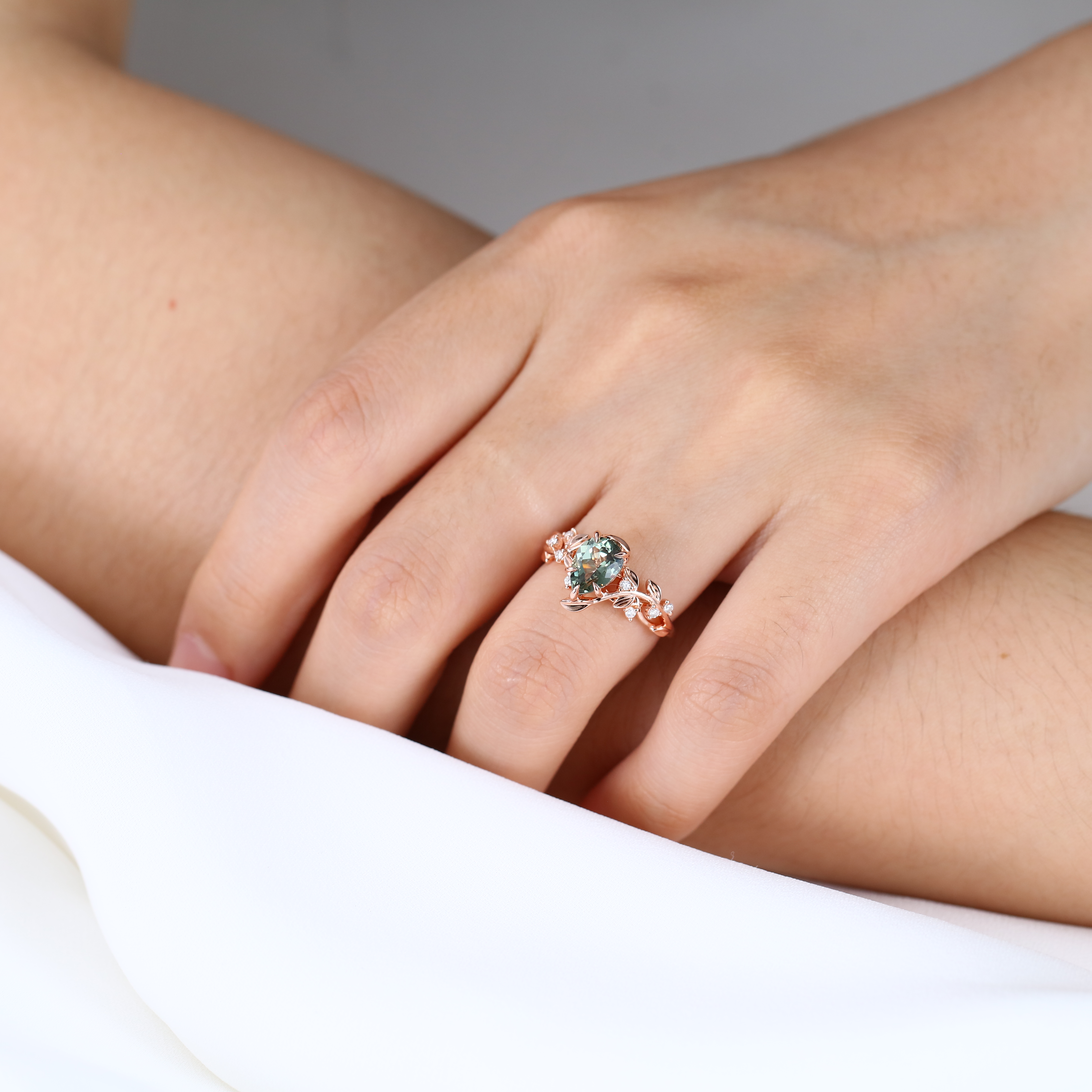 Nature-Inspired Jewelry-Pear Cut Green Sapphire Ring Women's Nature Inspired Rings