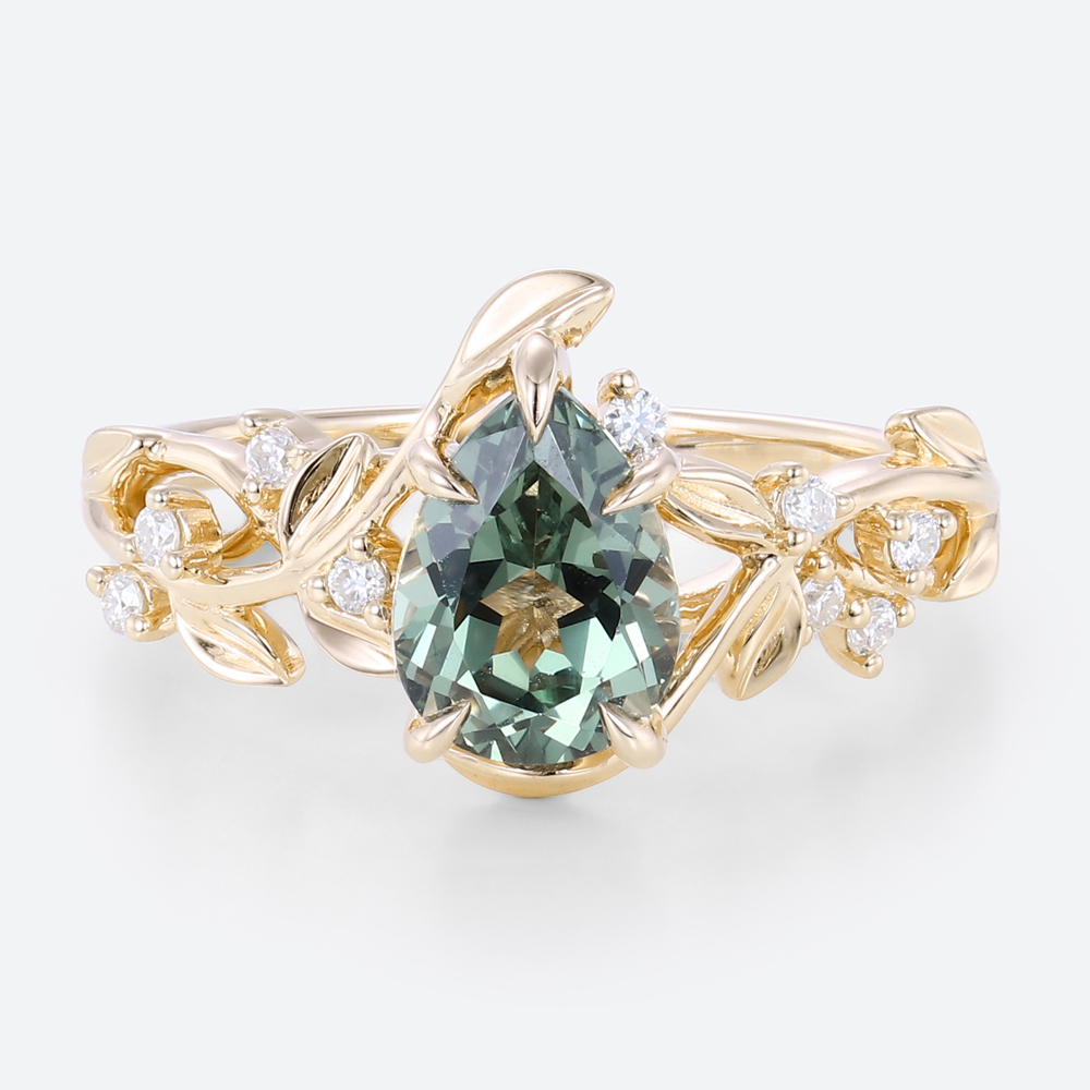 Pear Cut Green Sapphire Ring Women's Nature Inspired Rings