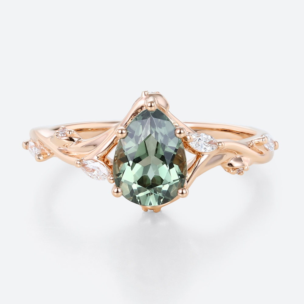 Pear Cut Green Sapphire Engagement Ring​ with Floral Vine Details in Rose Gold