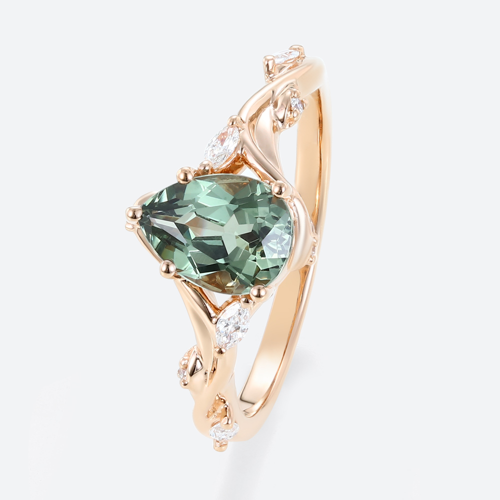 Pear Cut Green Sapphire Engagement Ring​ with Floral Vine Details in Rose Gold