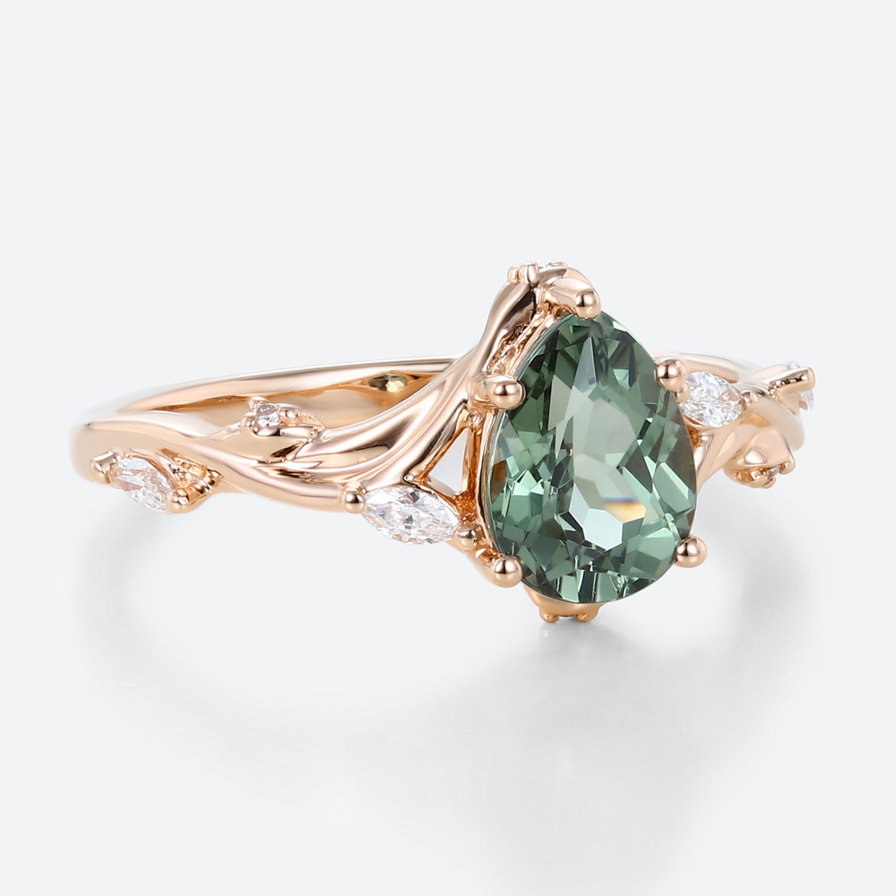 Pear Cut Green Sapphire Engagement Ring​ with Floral Vine Details in Rose Gold