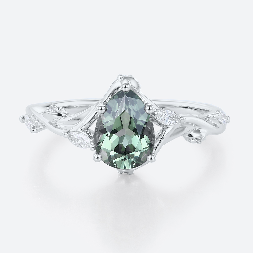 Pear Cut Green Sapphire Engagement Ring​ with Floral Vine Details in White Gold