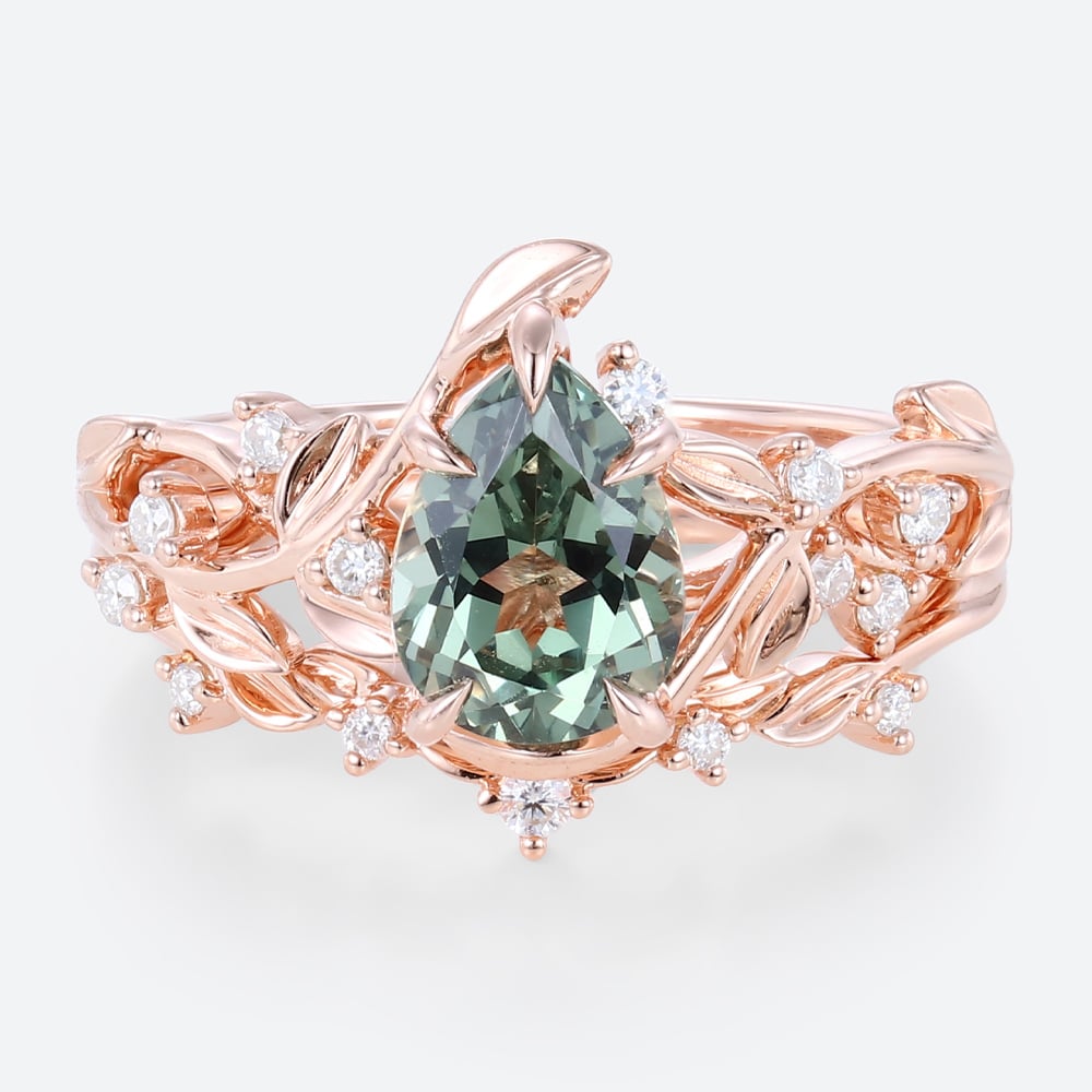 Pear Cut Green Sapphire​ Rose Gold Nature Inspired Engagement Rings Set