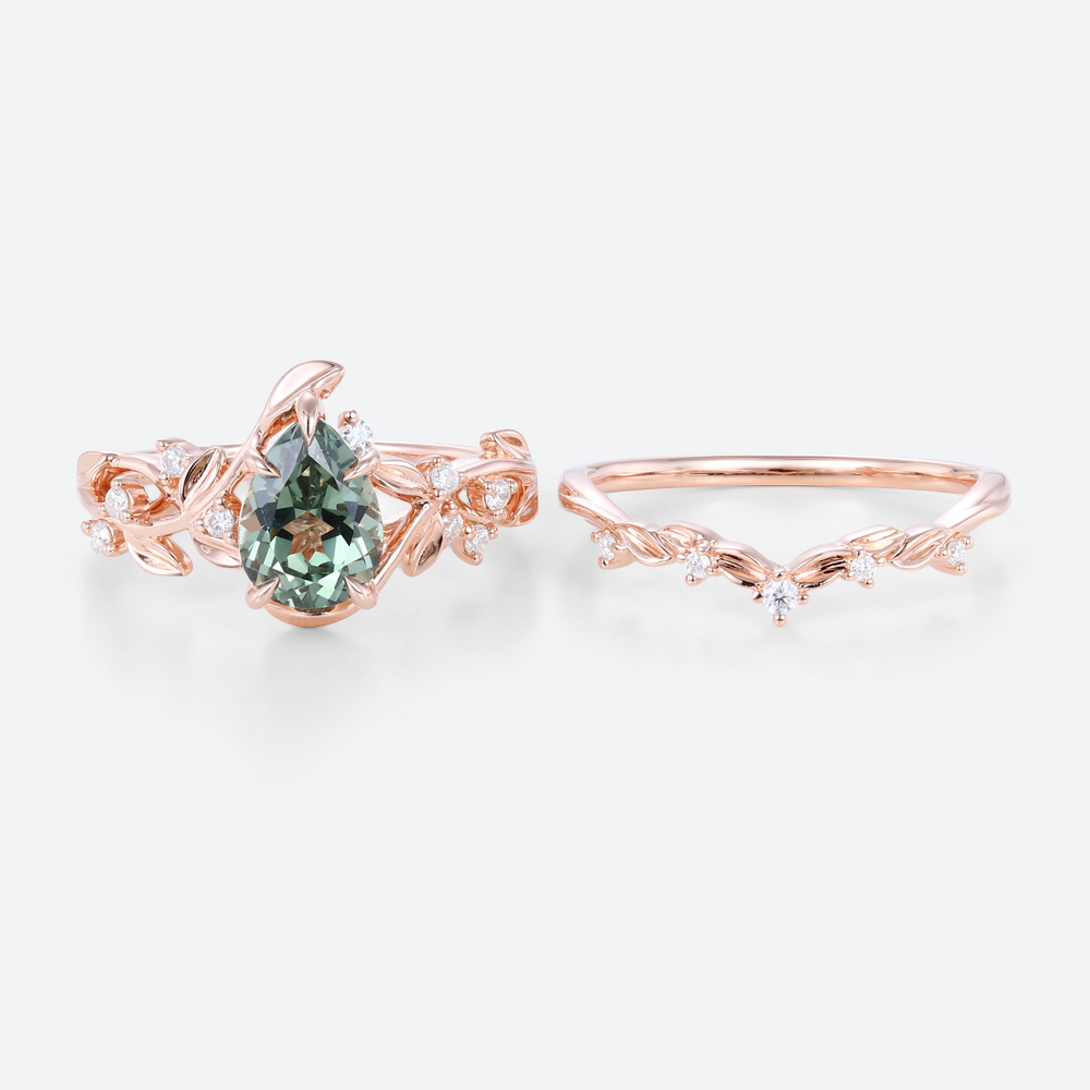 Pear Cut Green Sapphire​ Rose Gold Nature Inspired Engagement Rings Set