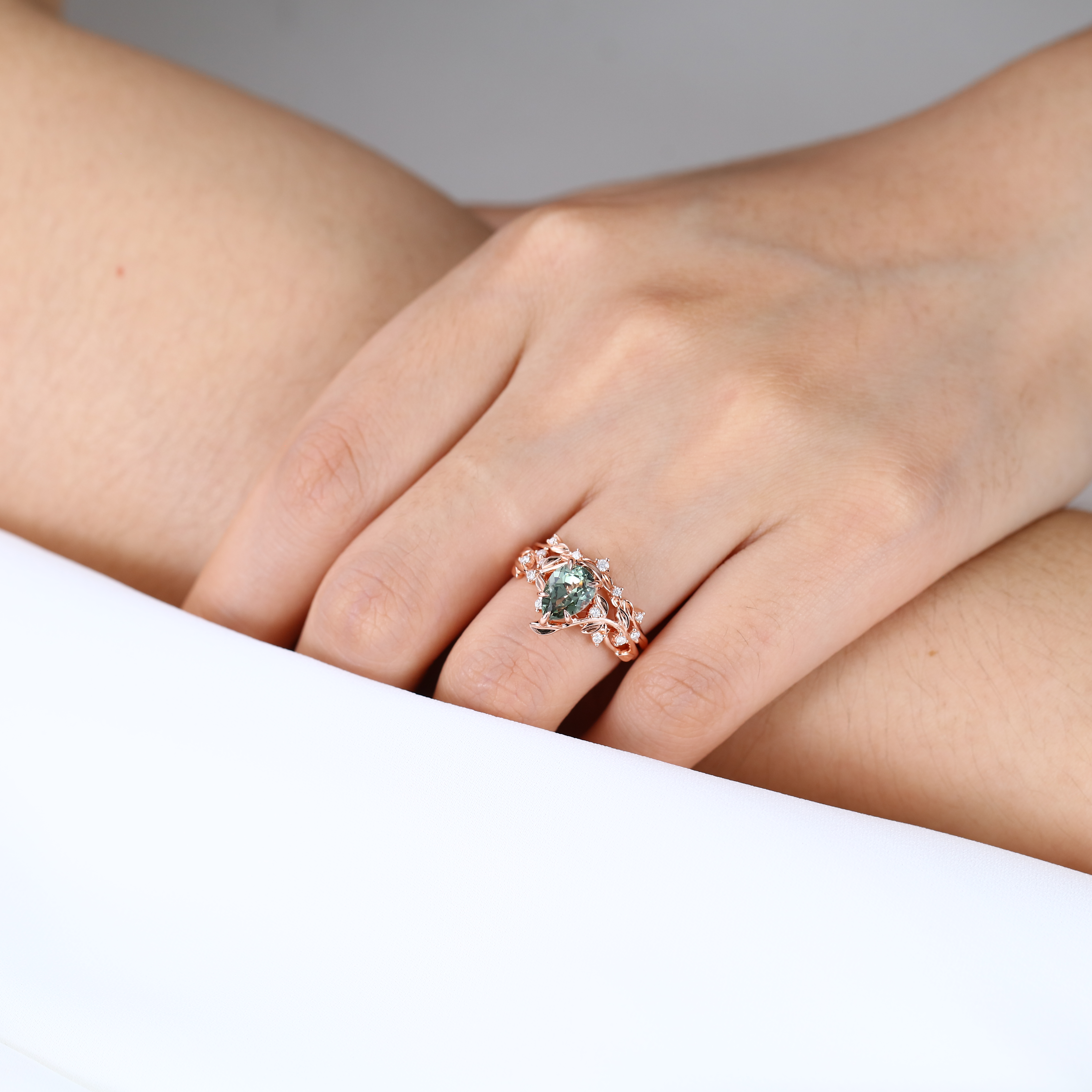 Pear Cut Green Sapphire​ Rose Gold Nature Inspired Engagement Rings Set