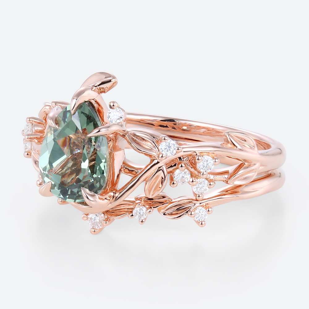 Pear Cut Green Sapphire​ Rose Gold Nature Inspired Engagement Rings Set