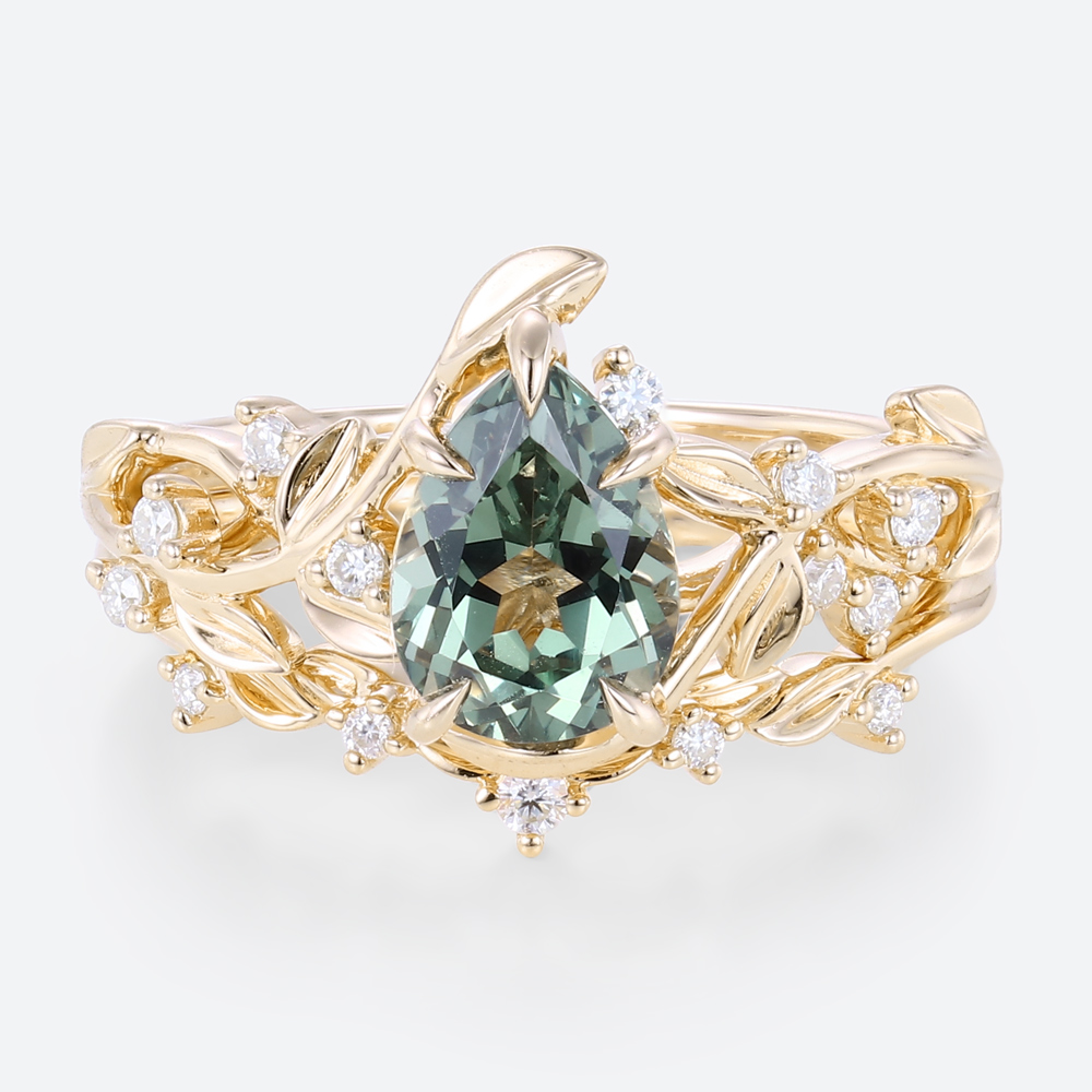 Pear Cut Green Sapphire​ Yellow Gold Nature Inspired Engagement Rings Set