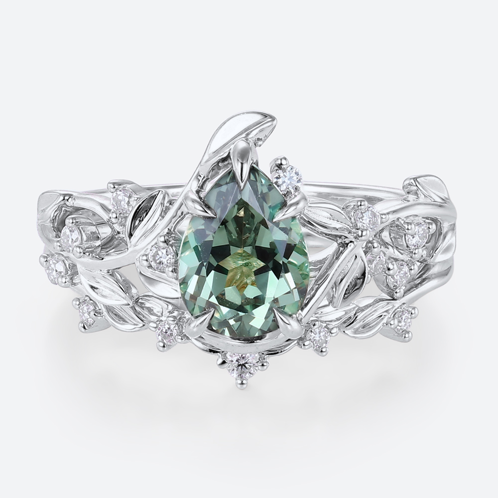 Pear Cut Green Sapphire​ White Gold Nature Inspired Engagement Rings Set