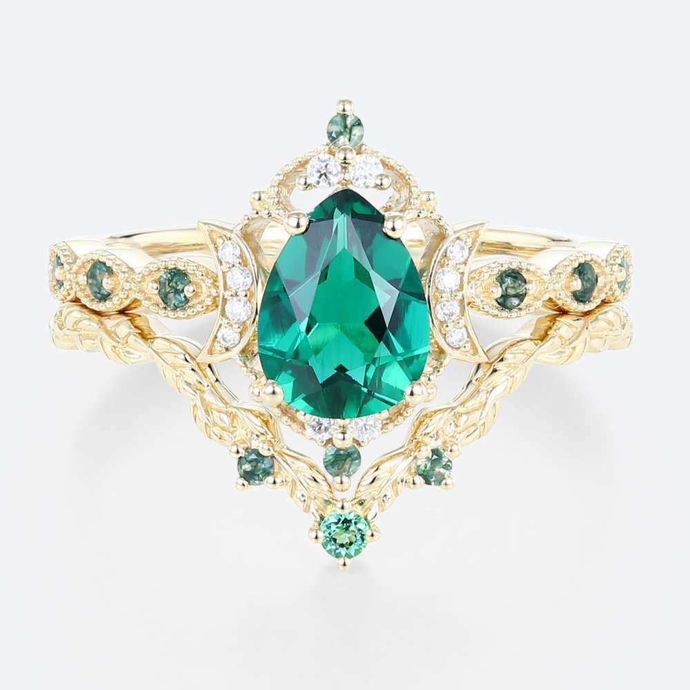 Tear Drop Wedding Ring Set Lab Created Emerald Engagement Rings