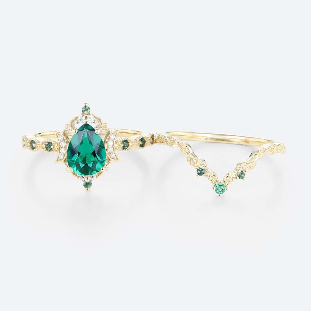 Tear Drop Wedding Ring Set Lab Created Emerald Engagement Rings