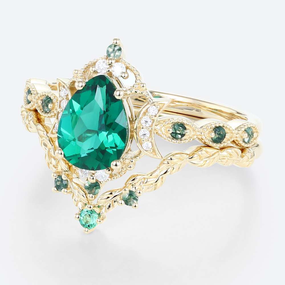 Tear Drop Wedding Ring Set Lab Created Emerald Engagement Rings