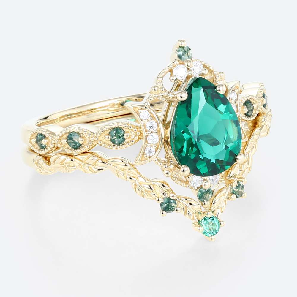 Tear Drop Wedding Ring Set Lab Created Emerald Engagement Rings