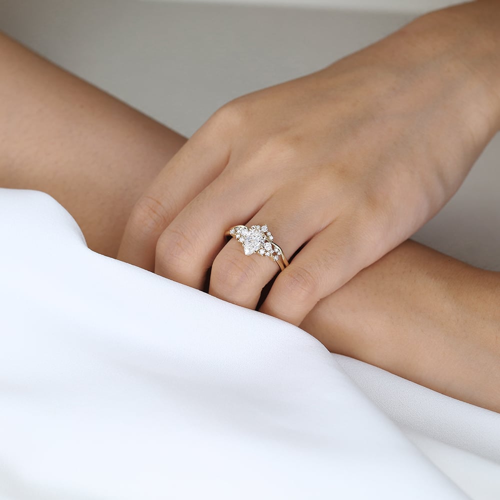 Pear Cut Lab Grown Diamond Ring Set | 14K Yellow Gold Cluster