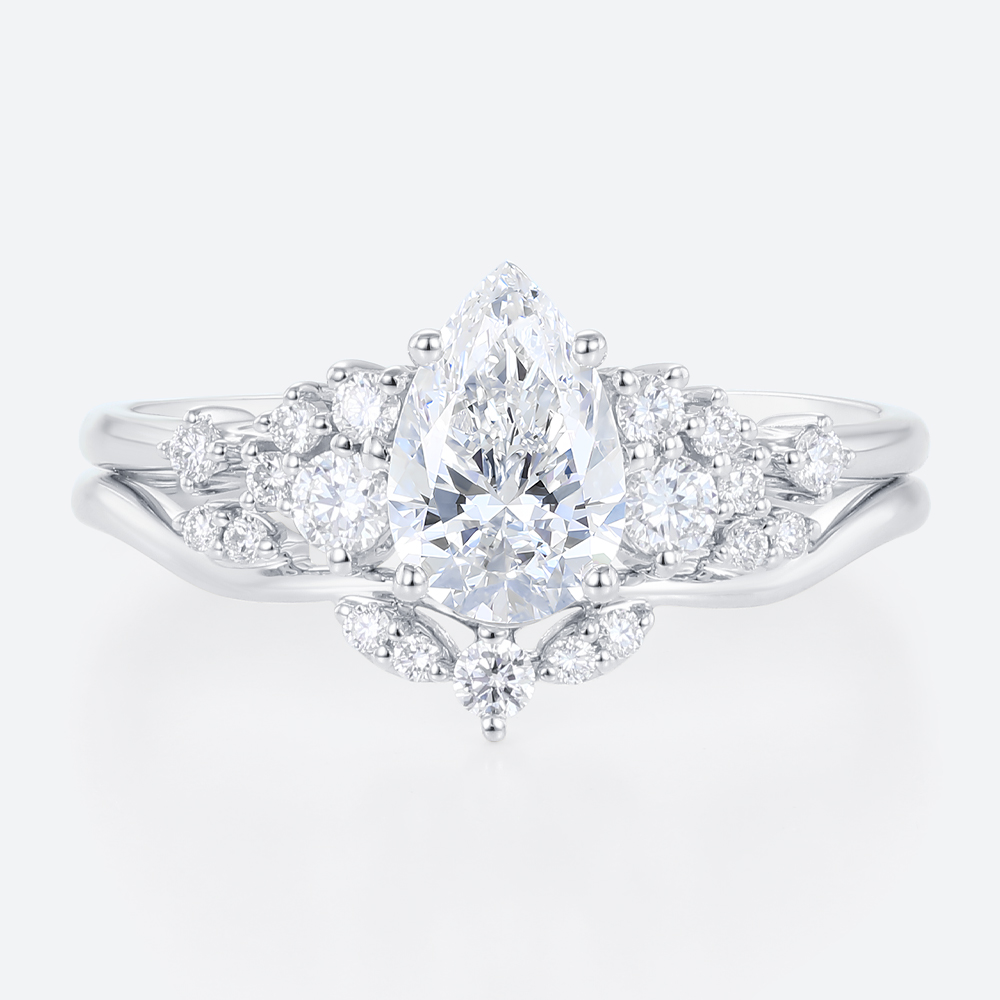Pear Cut Lab Grown Diamond Ring Set | 14K White Gold Cluster