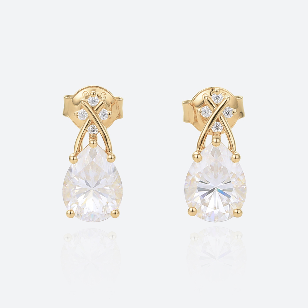 2ct Lab Diamond Stud Earrings​ Pear Diamond Elegant Ribbon Earrings in Yellow Gold