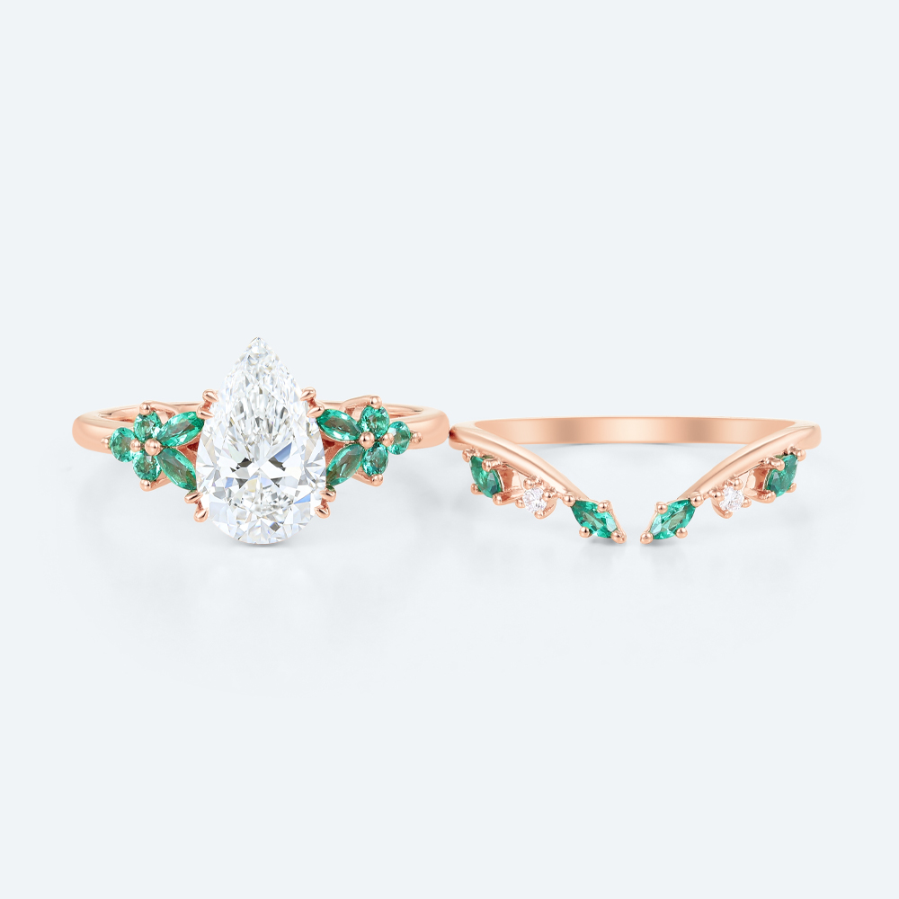 Pear Cut Lab Diamond Floral Ring Set with Emerald Accents in Rose Gold