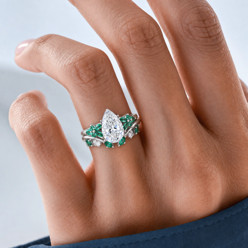 1.5ct Pear Cut Lab Grown Diamond Petal Cluster Bridal Ring Set with Open Mixed-Cut Band in Rose Gold