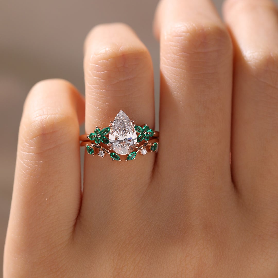Pear Cut Lab Diamond Floral Ring Set with Emerald Accents in Rose Gold