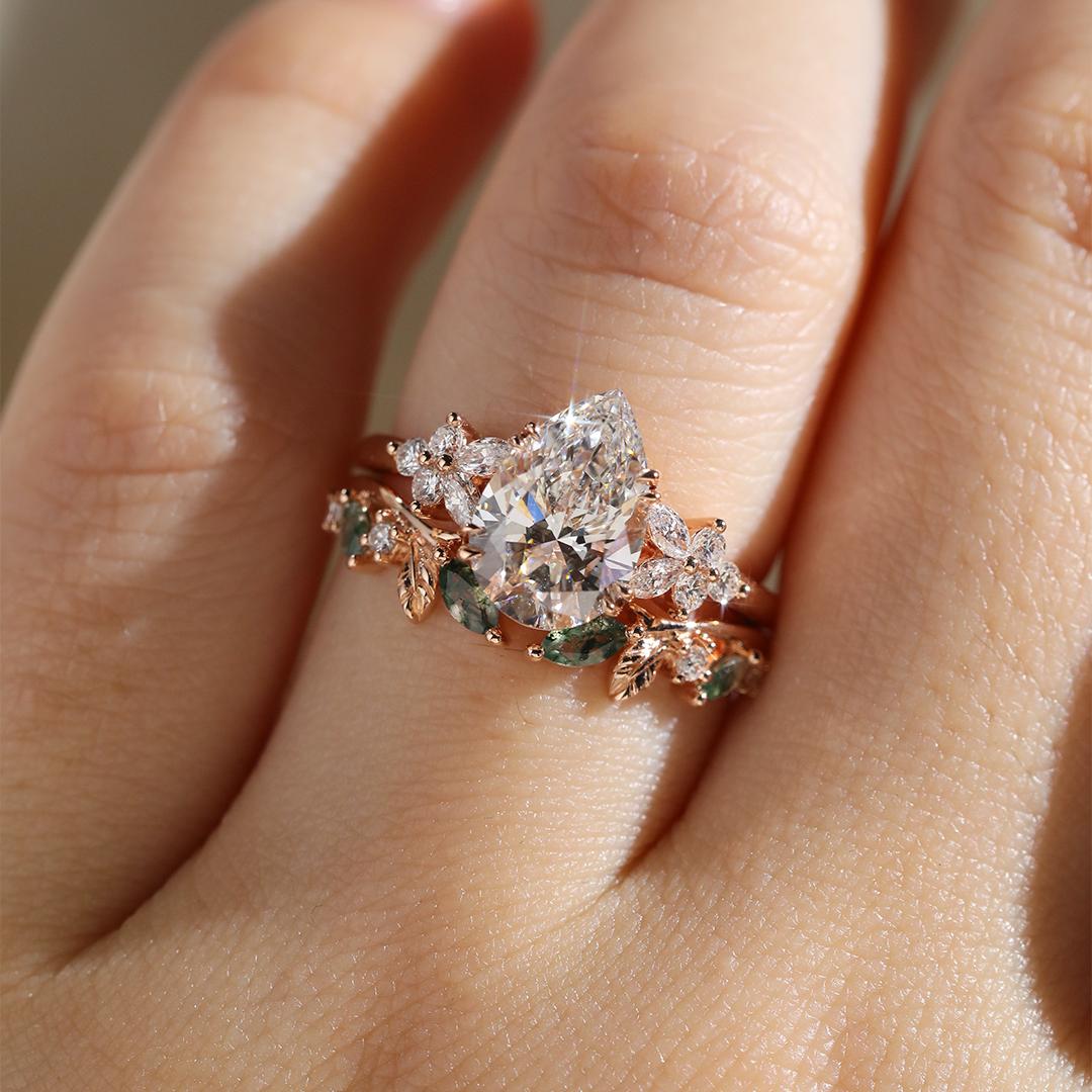 1ct Pear Cut Lab Diamond Ring Set & Moss Agate Wedding Bands