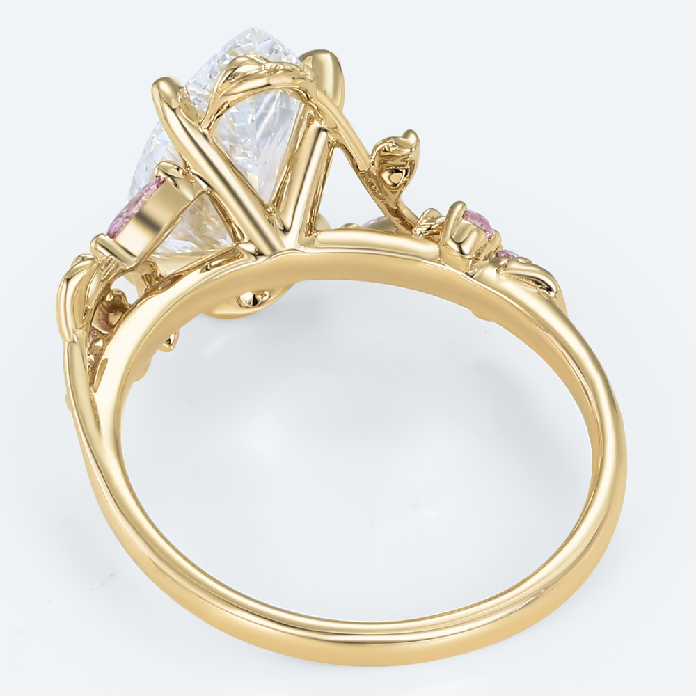 Nature-Inspired Pear Lab Diamond Ring with Pink Sapphires Accents in Yellow Gold