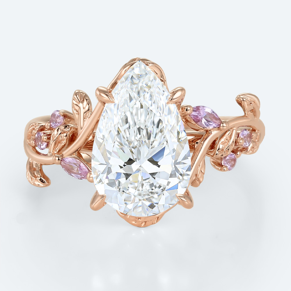 Nature-Inspired Pear Lab Diamond Ring with Pink Sapphires Accents in Rose Gold