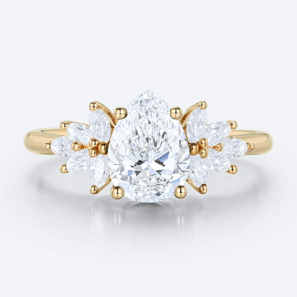 Romantic Pear Cut Lab Diamond Floral Cluster Ring | 14K Yellow Gold