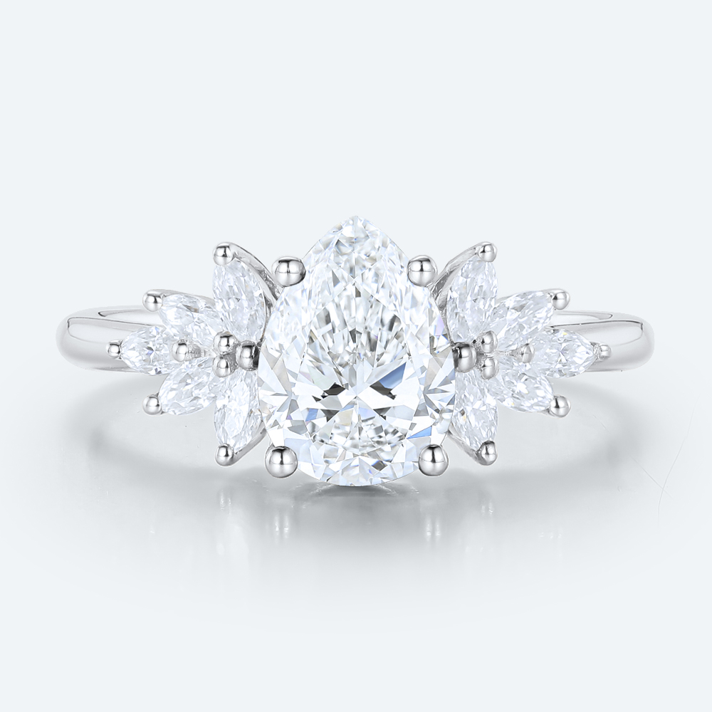 Romantic Pear Cut Lab Diamond Floral Cluster Ring | 14K White Gold