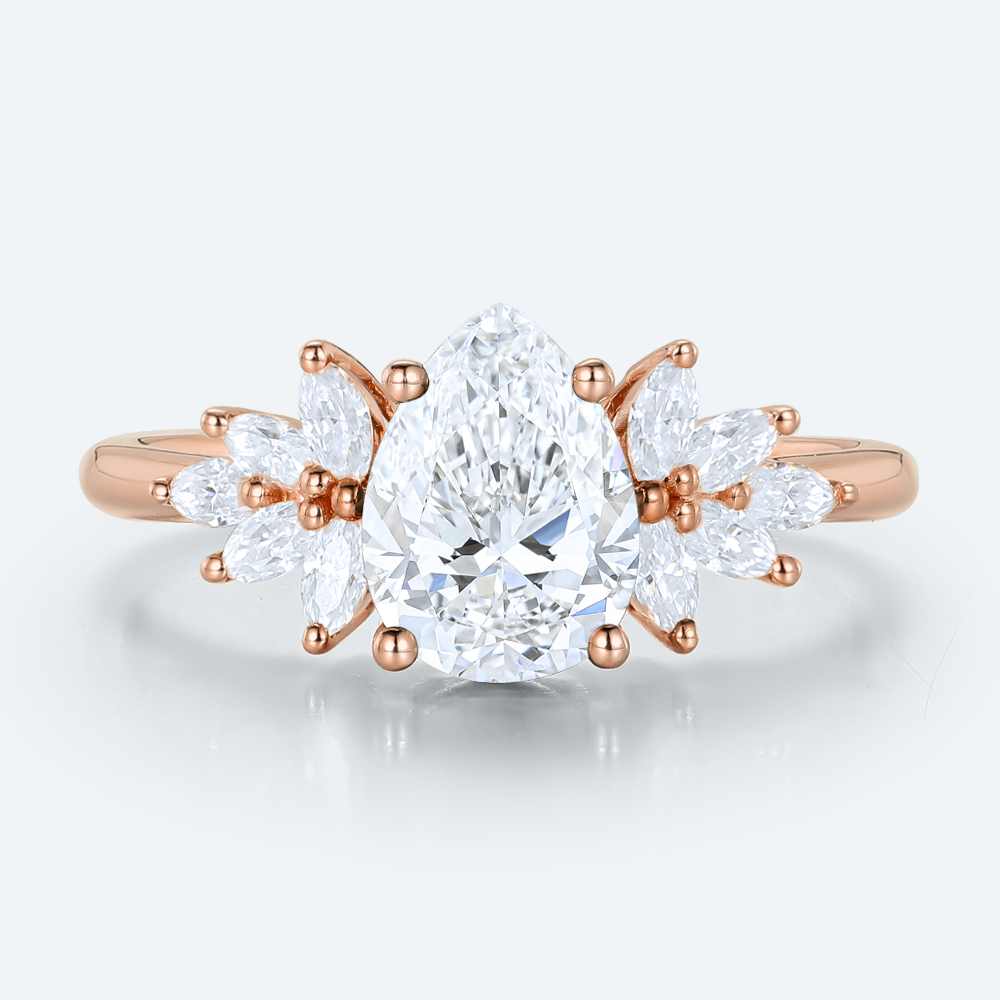 Romantic Pear Cut Lab Diamond Floral Cluster Ring | 14K Rose Gold