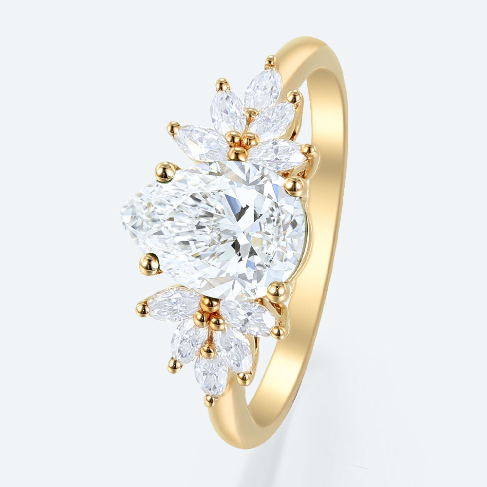 Romantic Pear Cut Lab Diamond Floral Cluster Ring | 14K Yellow Gold