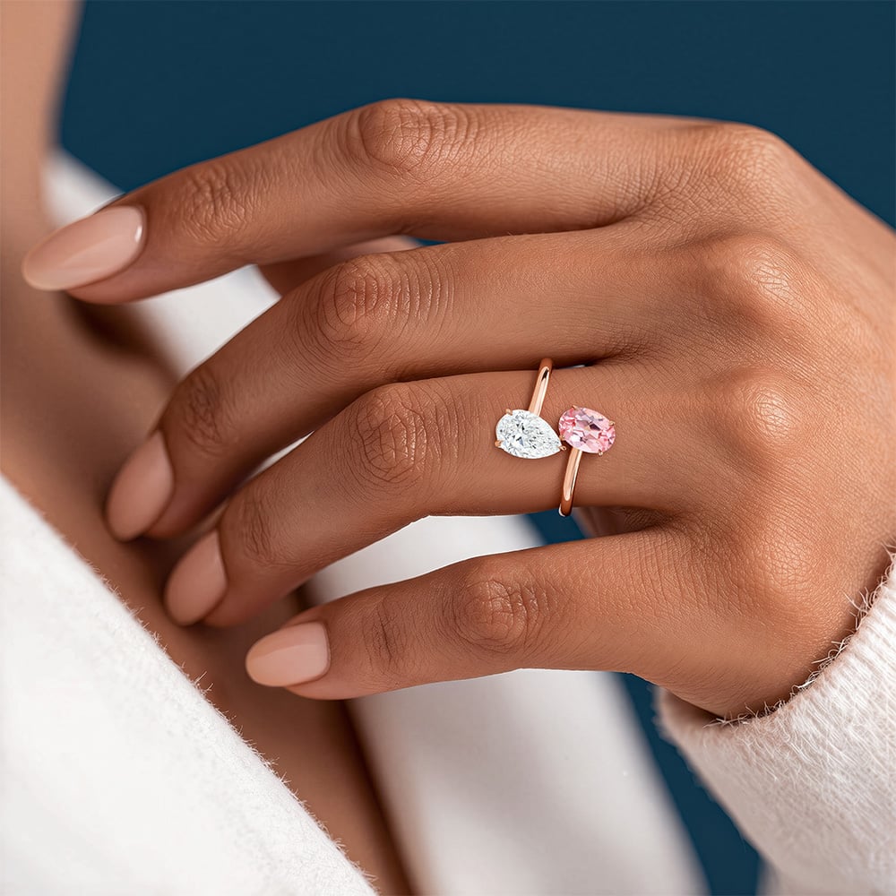 Open Toi et Moi Ring Oval Pink Sapphire Pear Lab Diamond Rings