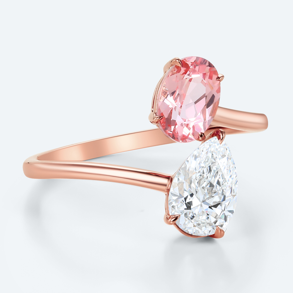 Open Toi et Moi Ring Oval Pink Sapphire Pear Lab Diamond Rings