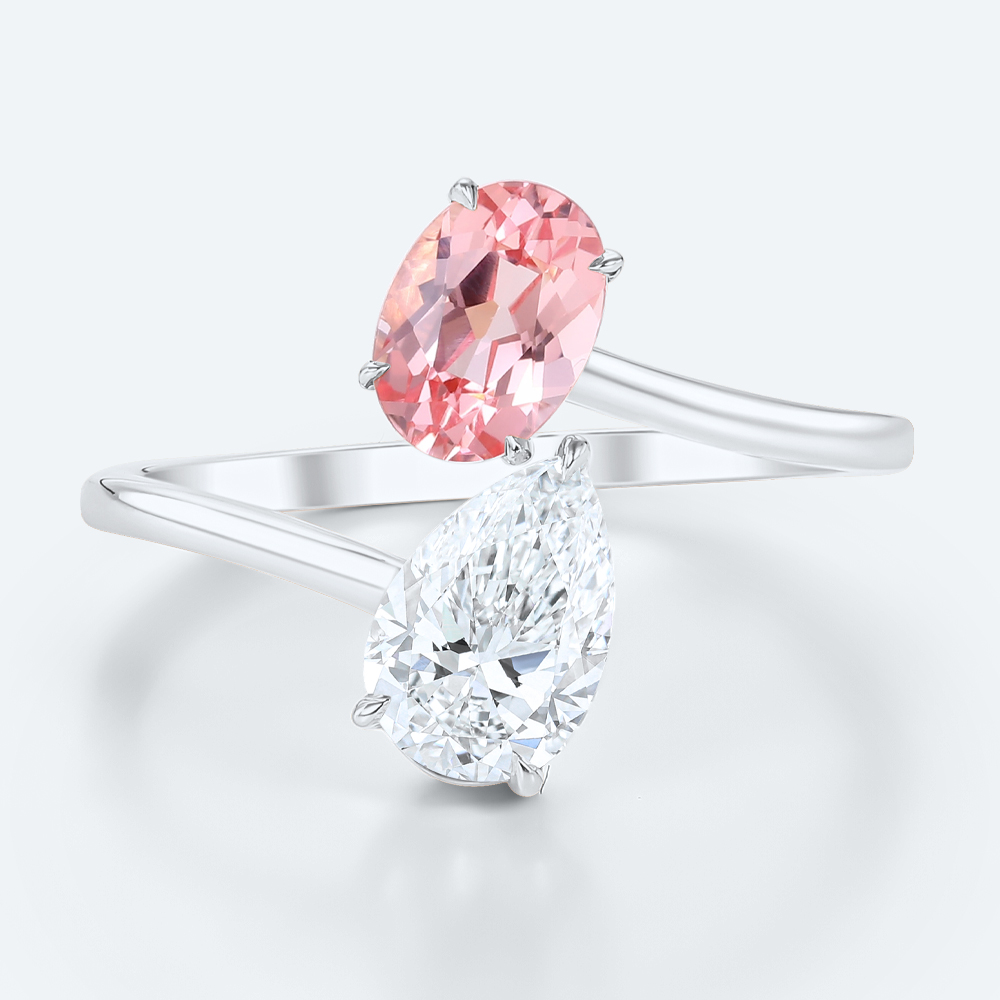 Open Toi et Moi Ring Oval Pink Sapphire Pear Lab Diamond Rings