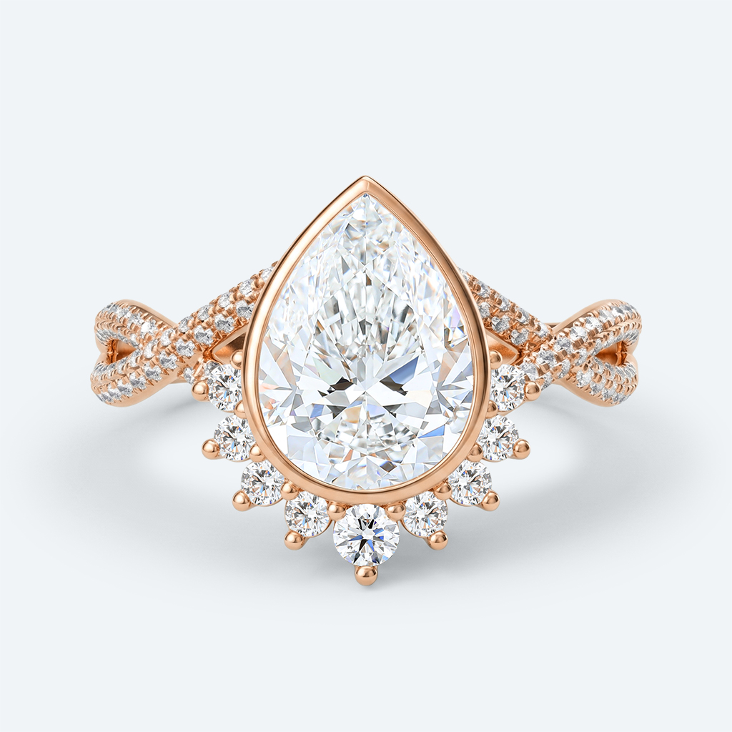 Pear Cut Lab Grown Diamond Twisting Pavé Band Bezel Setting Engagement Ring in rose Gold