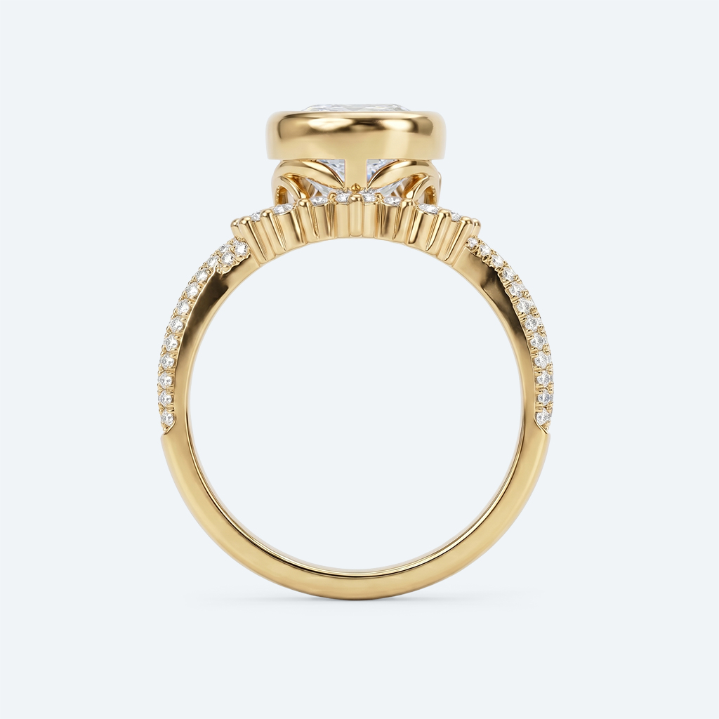 Pear Cut Lab Grown Diamond Twisting Pavé Band Bezel Setting Engagement Ring in Yellow Gold
