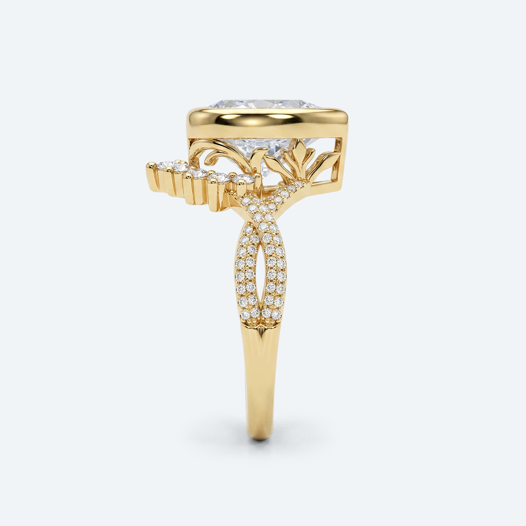 Pear Cut Lab Grown Diamond Twisting Pavé Band Bezel Setting Engagement Ring in Yellow Gold